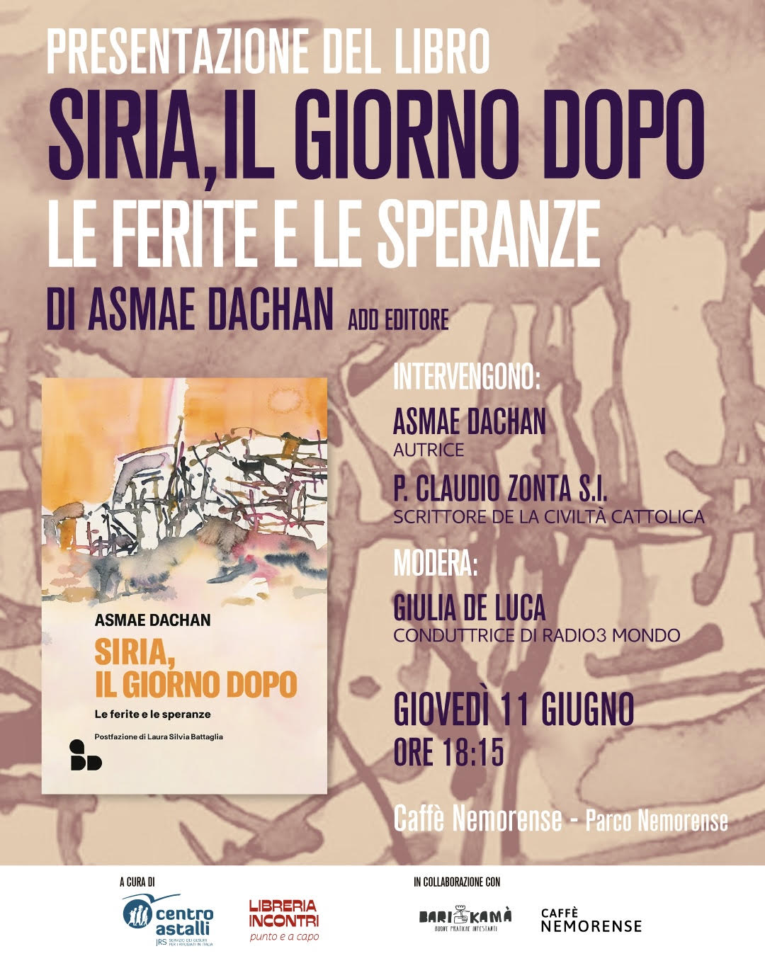 Presentazione libro Siria il giorno dopo Asmae Dachan Caffè Nemorense Roma